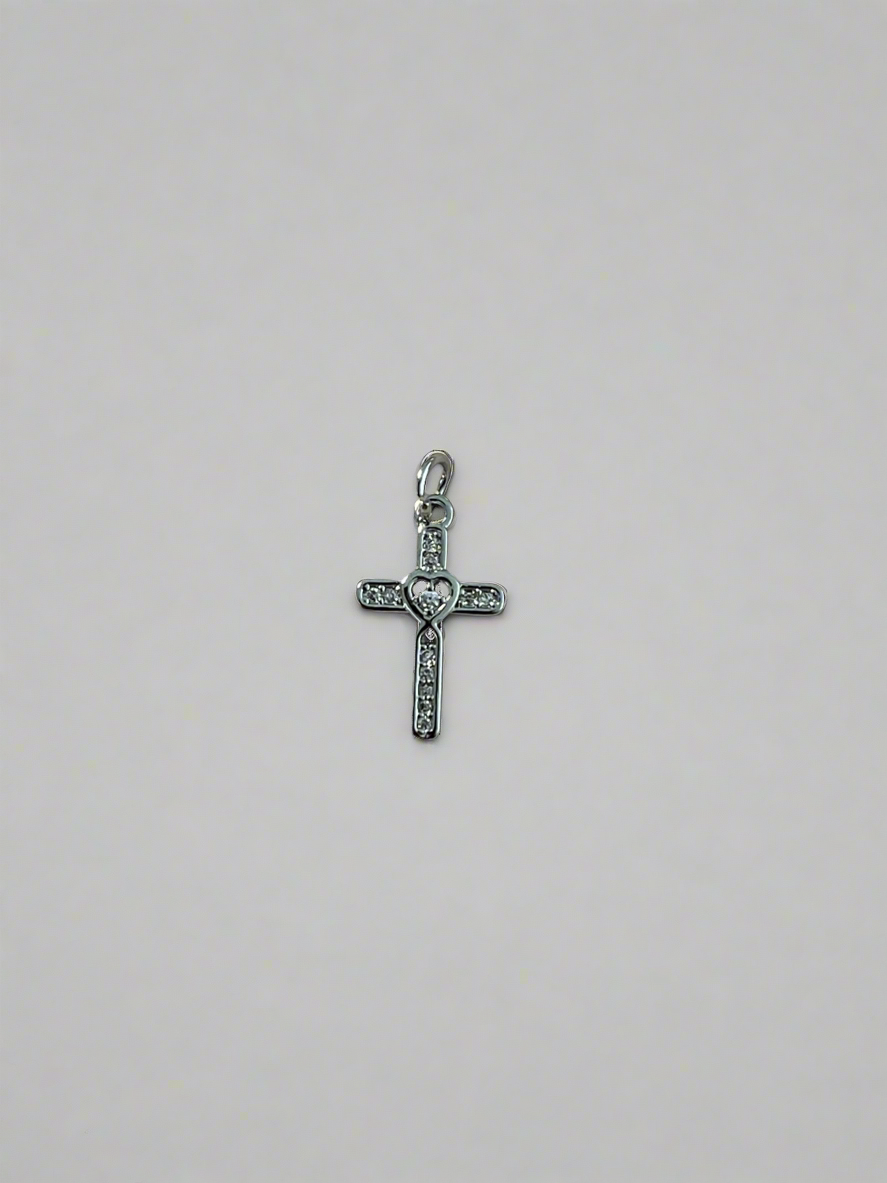 Bling Heart Cross Silver